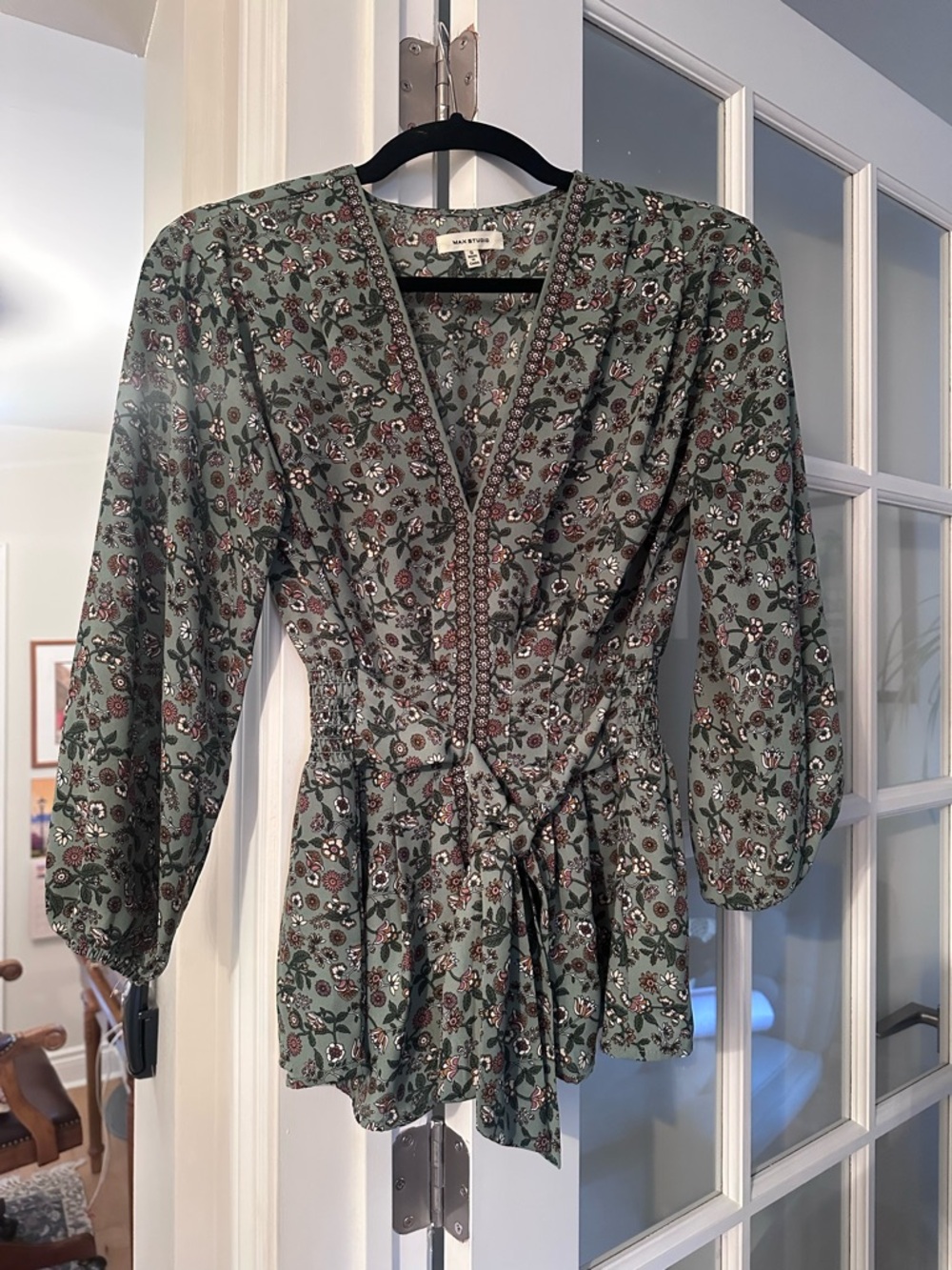 Max Studio Sage Green Floral Wrap Blouse